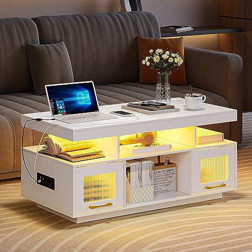 LED Coffee Table with Storage, Charging Station & Lights