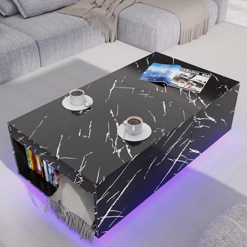 Modern Black Coffee Table with LED Lights and Storage