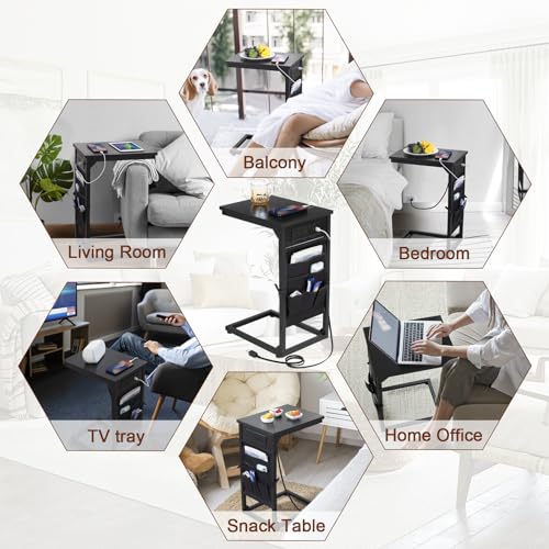AMHANCIBLE C Shaped End Table Set of 2, 11.4 inch Width Side Table for Couch, Sofa Table with Charging Station for Living Room, Couch Table with Storage, TV Tray for Bedroom, Black, HET04CBK