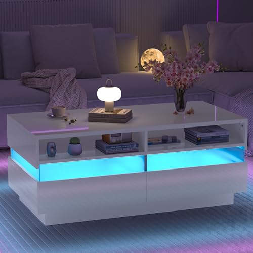 LED Coffee Table with 2 Drawers and Open Shelf