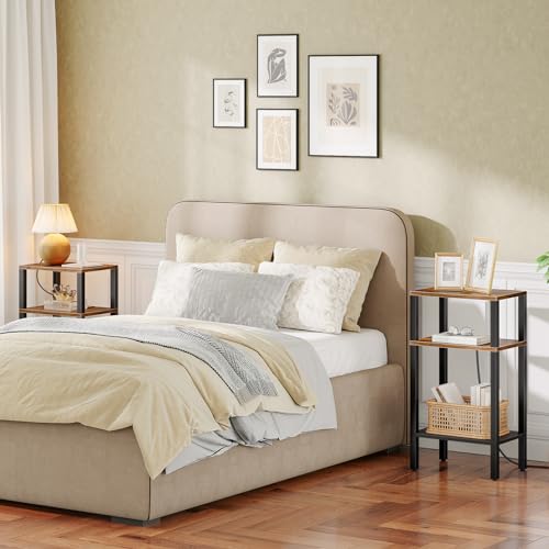 HOOBRO Tall End Table with Charging Station [Rustic Brown]