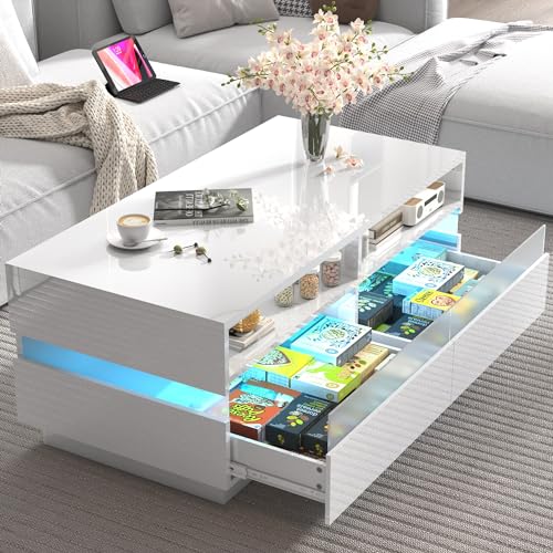 LED Coffee Table with 2 Drawers and Open Shelf
