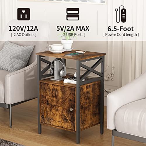 Brown Side Table with Charging Station, Storage Cabinet
