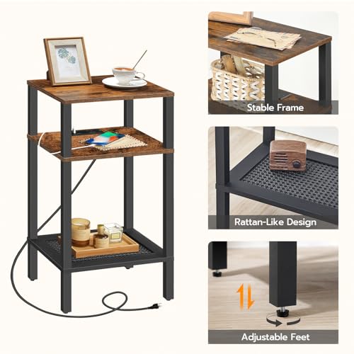 HOOBRO Tall End Table with Charging Station [Rustic Brown]