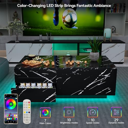 Modern Black Coffee Table with LED Lights and Storage