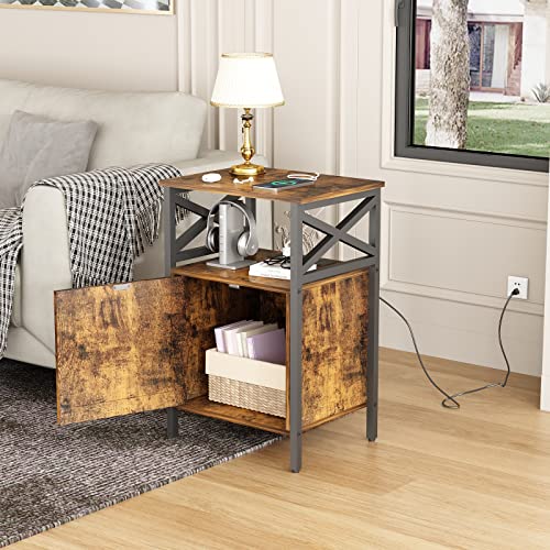 Brown Side Table with Charging Station, Storage Cabinet