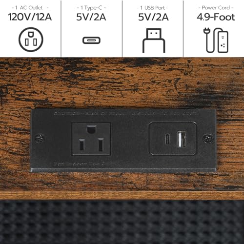 HOOBRO Tall End Table with Charging Station [Rustic Brown]