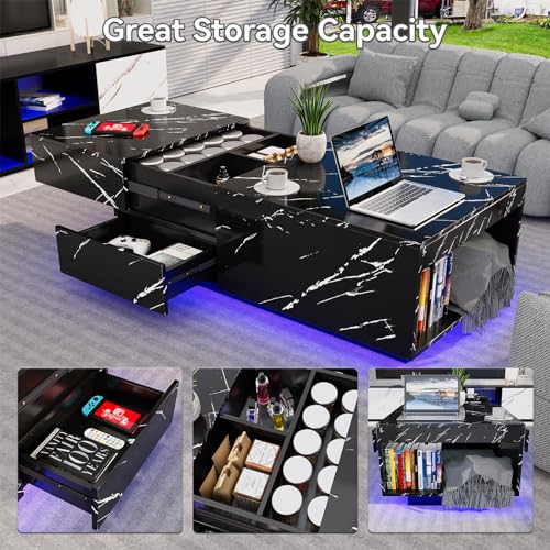 Modern Black Coffee Table with LED Lights and Storage