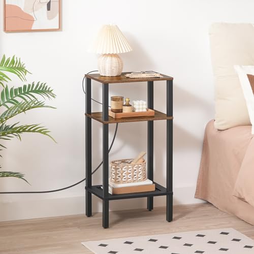 HOOBRO Tall End Table with Charging Station [Rustic Brown]