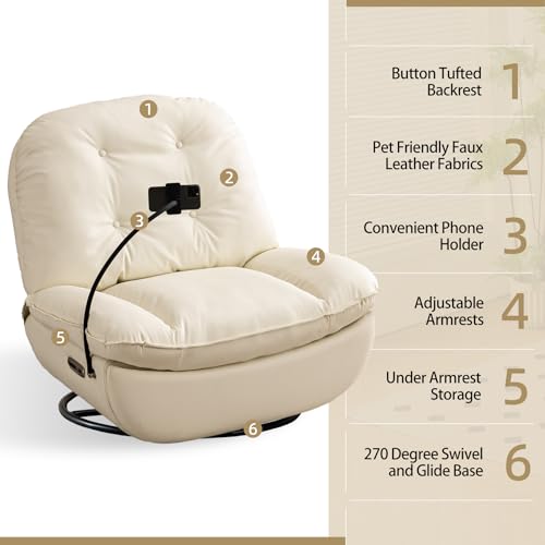 Modern White Swivel Recliner Chair with USB Port