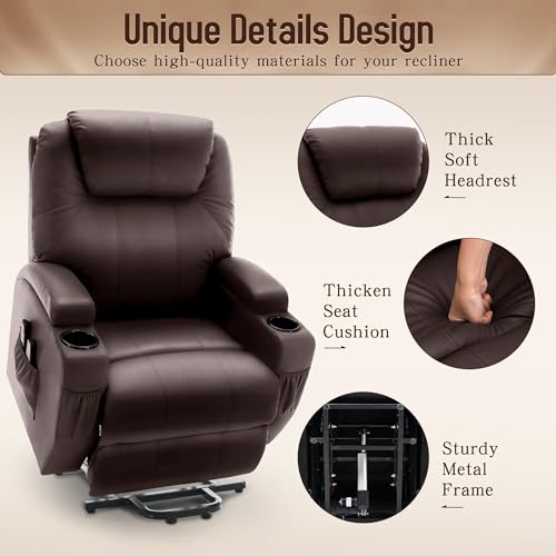 Power lift recliner with massage, heating, and cup holder