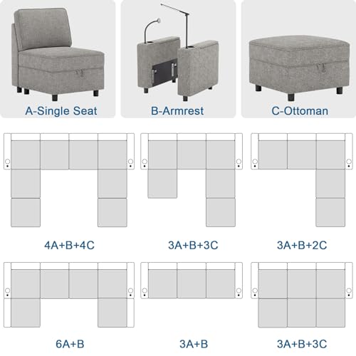 Customizable Modular Sofa Set with Storage, Grey Color