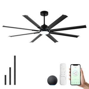 Maxslak 72 Inch Ceiling Fan with Light,Industrial Ceiling Fan with Remote Control,8 Black Aluminium Blades,6 Speed Noiseless DC Motor,Outdoor Ceiling Fan for Garage,Patio and Living Room
