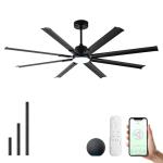 Maxslak 72 Inch Ceiling Fan with Light,Industrial Ceiling Fan with Remote Control,8 Black Aluminium Blades,6 Speed Noiseless DC Motor,Outdoor Ceiling Fan for Garage,Patio and Living Room