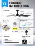Maxslak 72 Inch Ceiling Fan with Light,Industrial Ceiling Fan with Remote Control,8 Black Aluminium Blades,6 Speed Noiseless DC Motor,Outdoor Ceiling Fan for Garage,Patio and Living Room