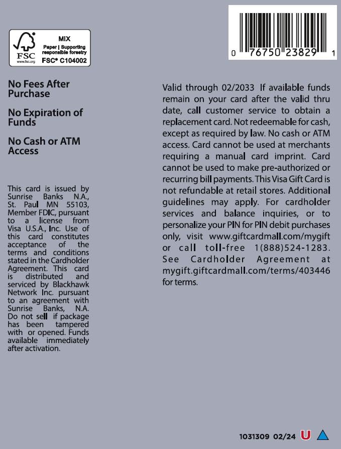 $50 Visa Gift Card with purchase fee