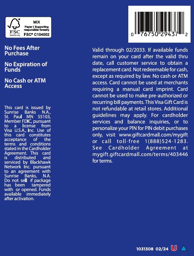 $200 Visa Gift Card with $6.95 fee included