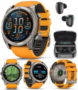 Wearable4U Garmin Fenix 8 – 51 mm, AMOLED Multisport GPS Smartwatch, Sapphire, Titanium with Spark Orange/Graphite Silicone Band, Built-in LED Flashlight Black Earbuds Bundle