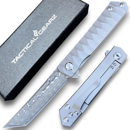 Titanium Damascus Pocket Knife with Sheath