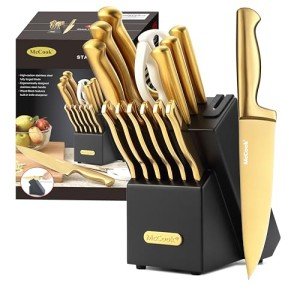 Gold Titanium Kitchen Knife Set with Sharpener
