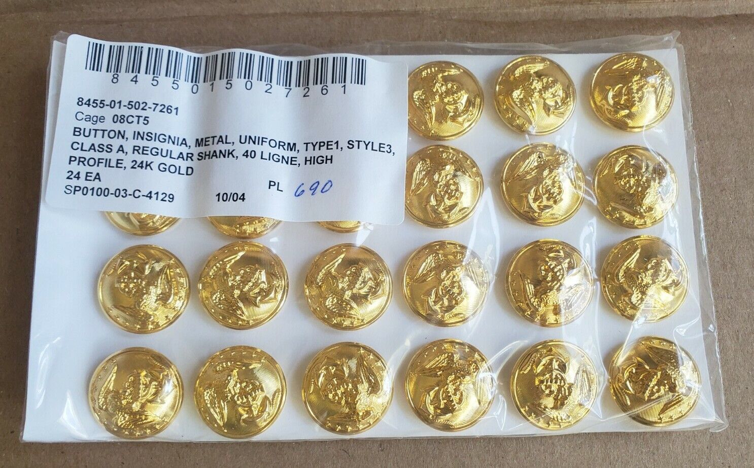 12 USMC Eagle/Anchor 1" Gold Buttons, High Profile