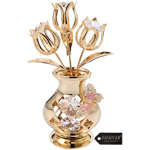 Gift for Mom - Matashi 24K Gold Plated Crystal Studded Flower Bouquet in Vase with Decorative Butterfly Tabletop Perfect Ornament Gift for Mother's Day, Women