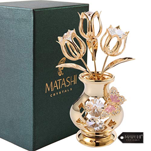 Gift for Mom - Matashi 24K Gold Plated Crystal Studded Flower Bouquet in Vase with Decorative Butterfly Tabletop Perfect Ornament Gift for Mother's Day, Women