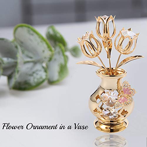 Gift for Mom - Matashi 24K Gold Plated Crystal Studded Flower Bouquet in Vase with Decorative Butterfly Tabletop Perfect Ornament Gift for Mother's Day, Women