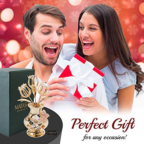 Gift for Mom - Matashi 24K Gold Plated Crystal Studded Flower Bouquet in Vase with Decorative Butterfly Tabletop Perfect Ornament Gift for Mother's Day, Women