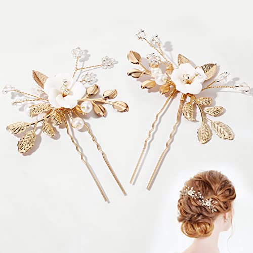 Bridal Hair Pins with Gold Leaf and Pearl