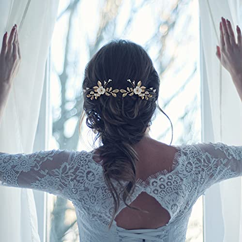 Bridal Hair Pins with Gold Leaf and Pearl