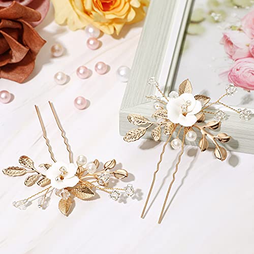 Bridal Hair Pins with Gold Leaf and Pearl