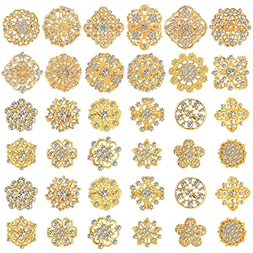 36 Pieces Clear Rhinestone Brooches for Crafts Crystal Flower Brooch Pins with Rhinestones Sliver Bulk Brooches Jewelry for Woman Flower Lapel Badge Pins DIY Wedding Bouquet Broaches Kit (Gold)