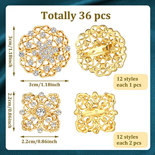 36 Pieces Clear Rhinestone Brooches for Crafts Crystal Flower Brooch Pins with Rhinestones Sliver Bulk Brooches Jewelry for Woman Flower Lapel Badge Pins DIY Wedding Bouquet Broaches Kit (Gold)