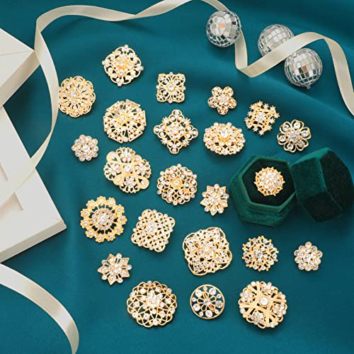 36 Pieces Clear Rhinestone Brooches for Crafts Crystal Flower Brooch Pins with Rhinestones Sliver Bulk Brooches Jewelry for Woman Flower Lapel Badge Pins DIY Wedding Bouquet Broaches Kit (Gold)