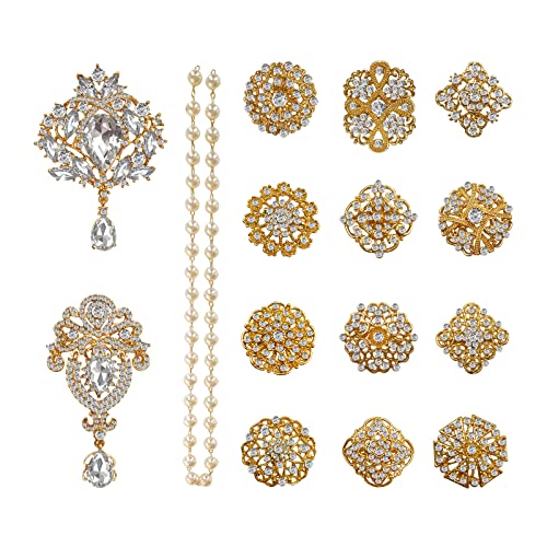 Yhsheen Rhinestone Brooches Crystal Brooch Pins, Pearl Crystal Wedding Bouquet kit Set (Gold-14pcs)