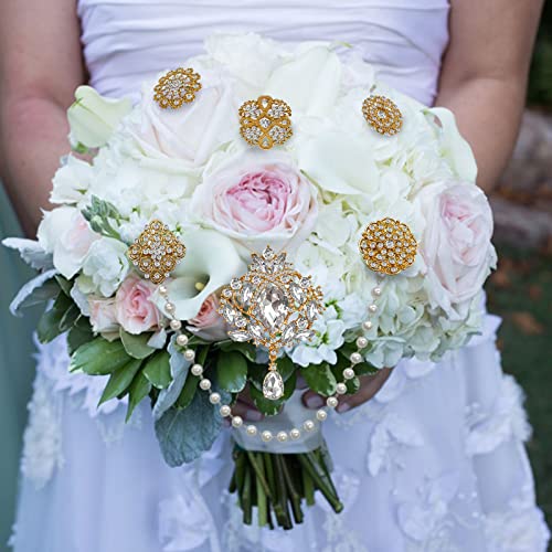 Yhsheen Rhinestone Brooches Crystal Brooch Pins, Pearl Crystal Wedding Bouquet kit Set (Gold-14pcs)