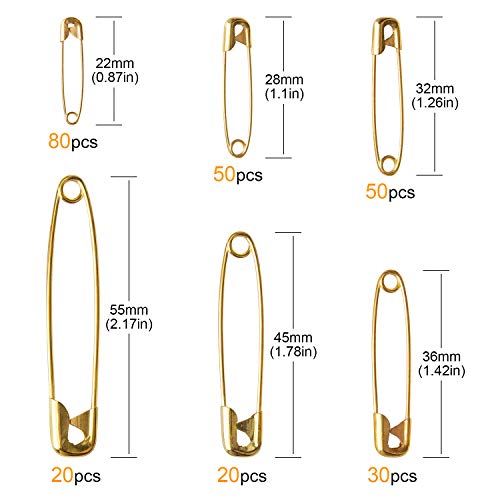 Gold Safety Pins Set: 250 Pieces, 6 Sizes