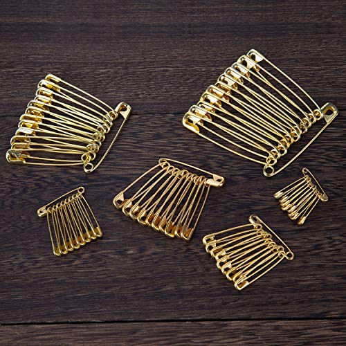Gold Safety Pins Set: 250 Pieces, 6 Sizes