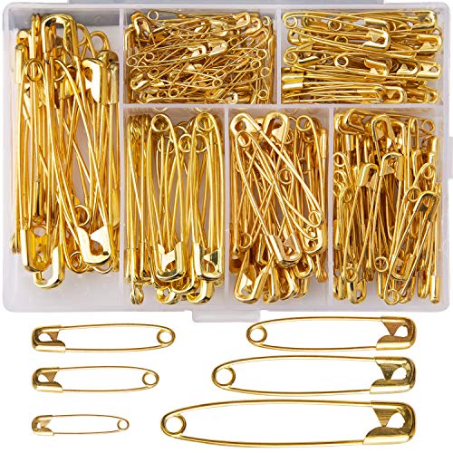Gold Safety Pins Set: 250 Pieces, 6 Sizes
