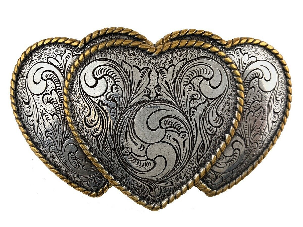 Triple Hearts Engraved Gold Belt Buckle