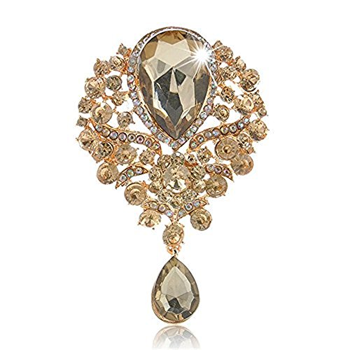 JewelBeauty Women's Crystal Silver-Tone Bouquet Flower Teardrop Large Gorgeous Bouquet Brooch Pin (gold)