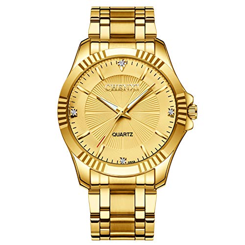 DREAMING Q&P Gold Stainless Steel IP Plated Men's Business Wrist Watches for Male with Crystals