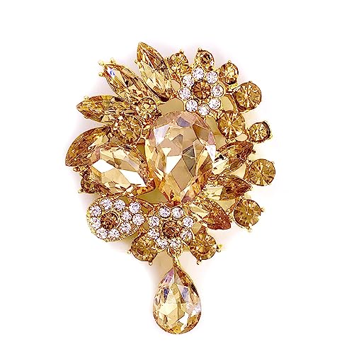 LAXPICOL Vintage Wedding Bridal Big Clear Champagne Crystal Rhinestone Tear drop Brooch Pin for Women