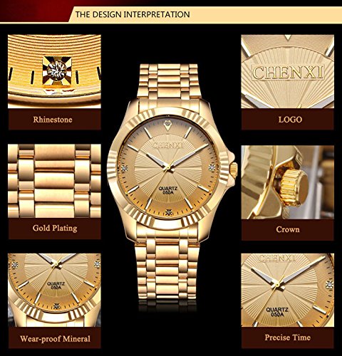 DREAMING Q&P Gold Stainless Steel IP Plated Men's Business Wrist Watches for Male with Crystals
