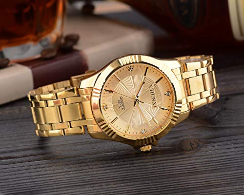 DREAMING Q&P Gold Stainless Steel IP Plated Men's Business Wrist Watches for Male with Crystals