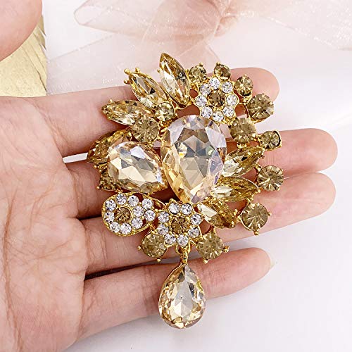LAXPICOL Vintage Wedding Bridal Big Clear Champagne Crystal Rhinestone Tear drop Brooch Pin for Women