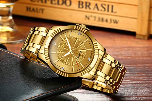 DREAMING Q&P Gold Stainless Steel IP Plated Men's Business Wrist Watches for Male with Crystals