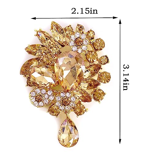 LAXPICOL Vintage Wedding Bridal Big Clear Champagne Crystal Rhinestone Tear drop Brooch Pin for Women