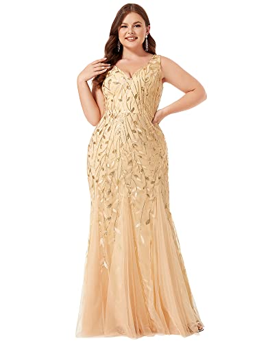 Lace Embroidered Gold Mermaid Wedding Dress - Plus Size